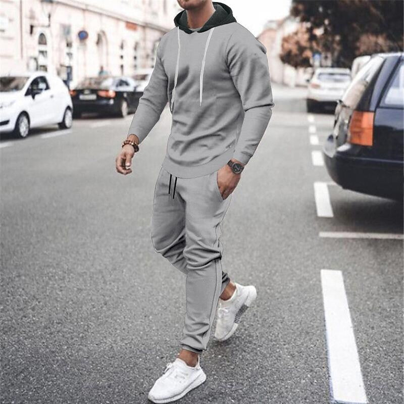 Men's Contrast Hoodied Trendy Pullover Tracksuit