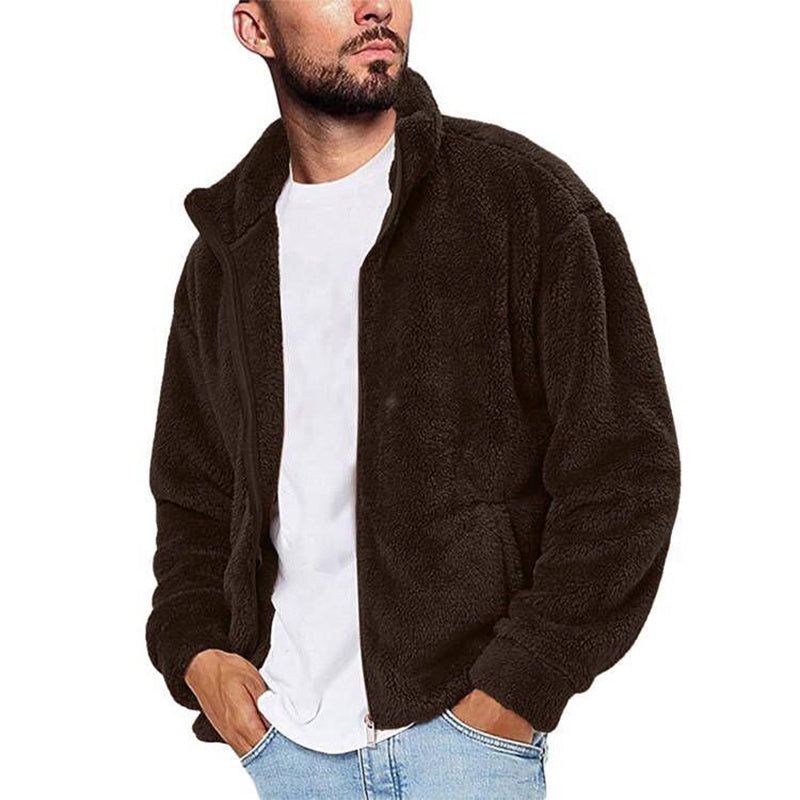 Men's Stand Collar Solid Color Fleece Zip-Up Sweatshirt