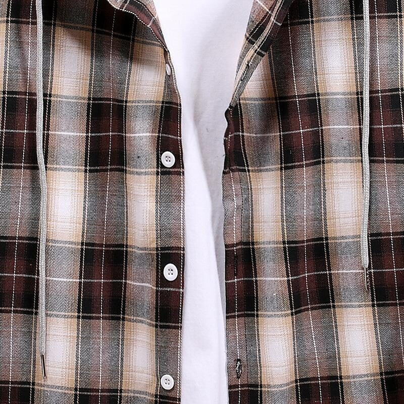 Men's Long Sleeve Flannel Brushed Check Hooded Casual Shirt Blue Brown
