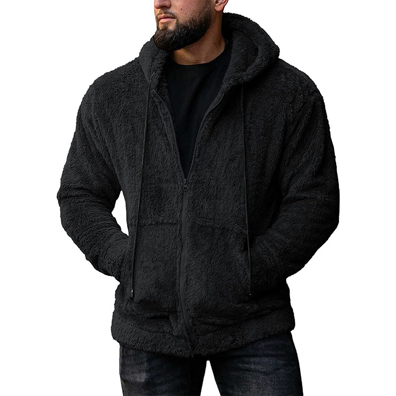 Men's Solid Color Fleece Zip-Up Drawstring Hoodie Sweatshirt