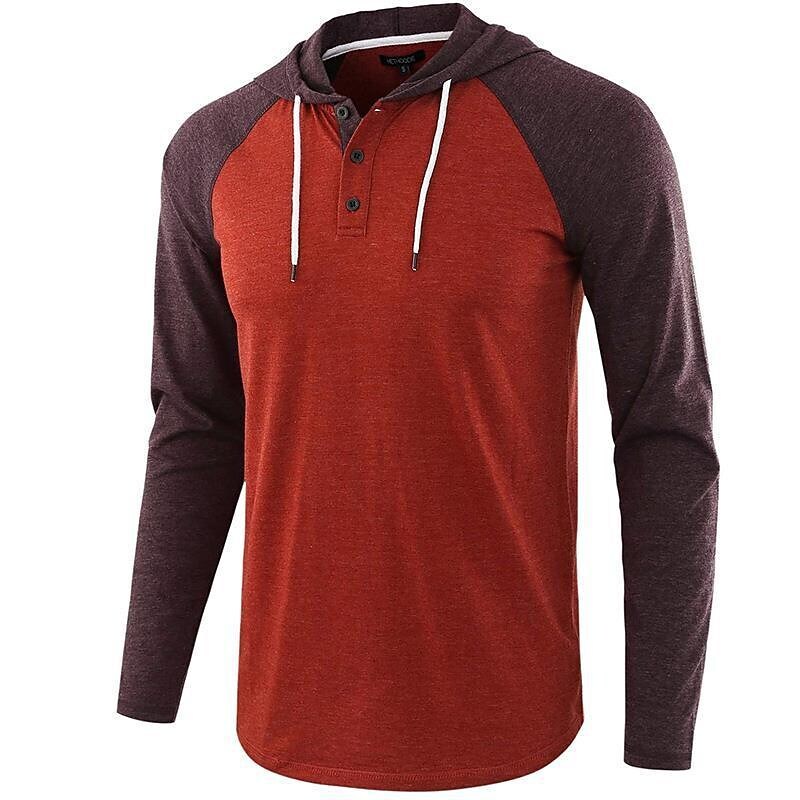 Men's Color Block Raglan Sleeves Drawstring Hoodie T-shirt