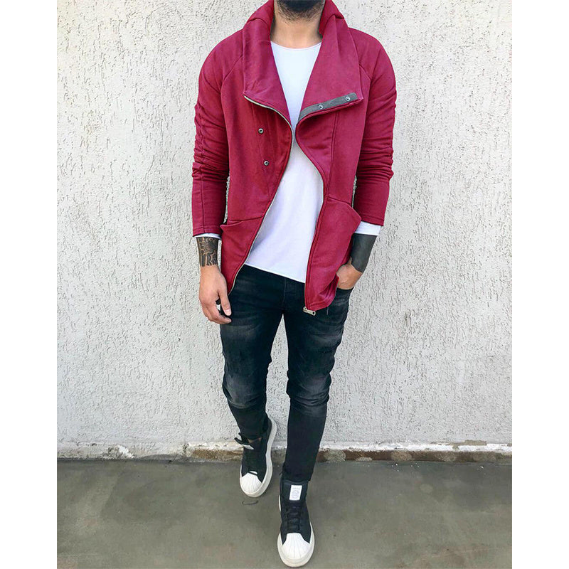 Men's Solid Color Hooded Slim Fit Fleece Diagonal Placket Sweatshirt