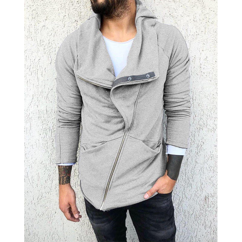 Men's Solid Color Hooded Slim Fit Fleece Diagonal Placket Sweatshirt