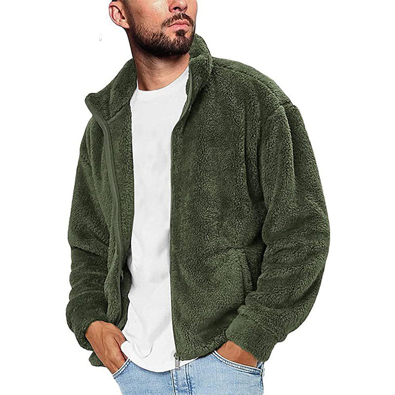 Men's Stand Collar Solid Color Fleece Zip-Up Sweatshirt