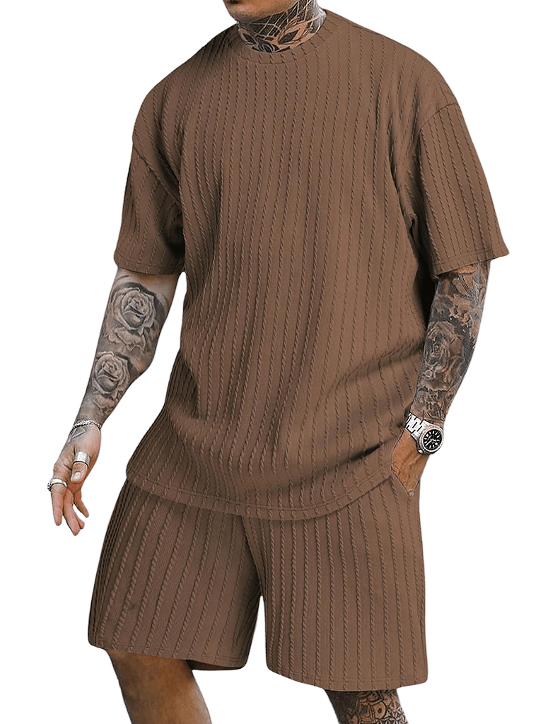 Men's Casual Textured Printed Short Sleeve Tee & Drawstring Waist Shorts Set