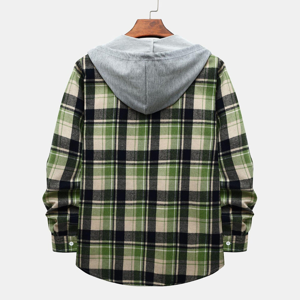 Men's Long Sleeve Flannel Brushed Check Hooded Casual Shirt Green Khaki