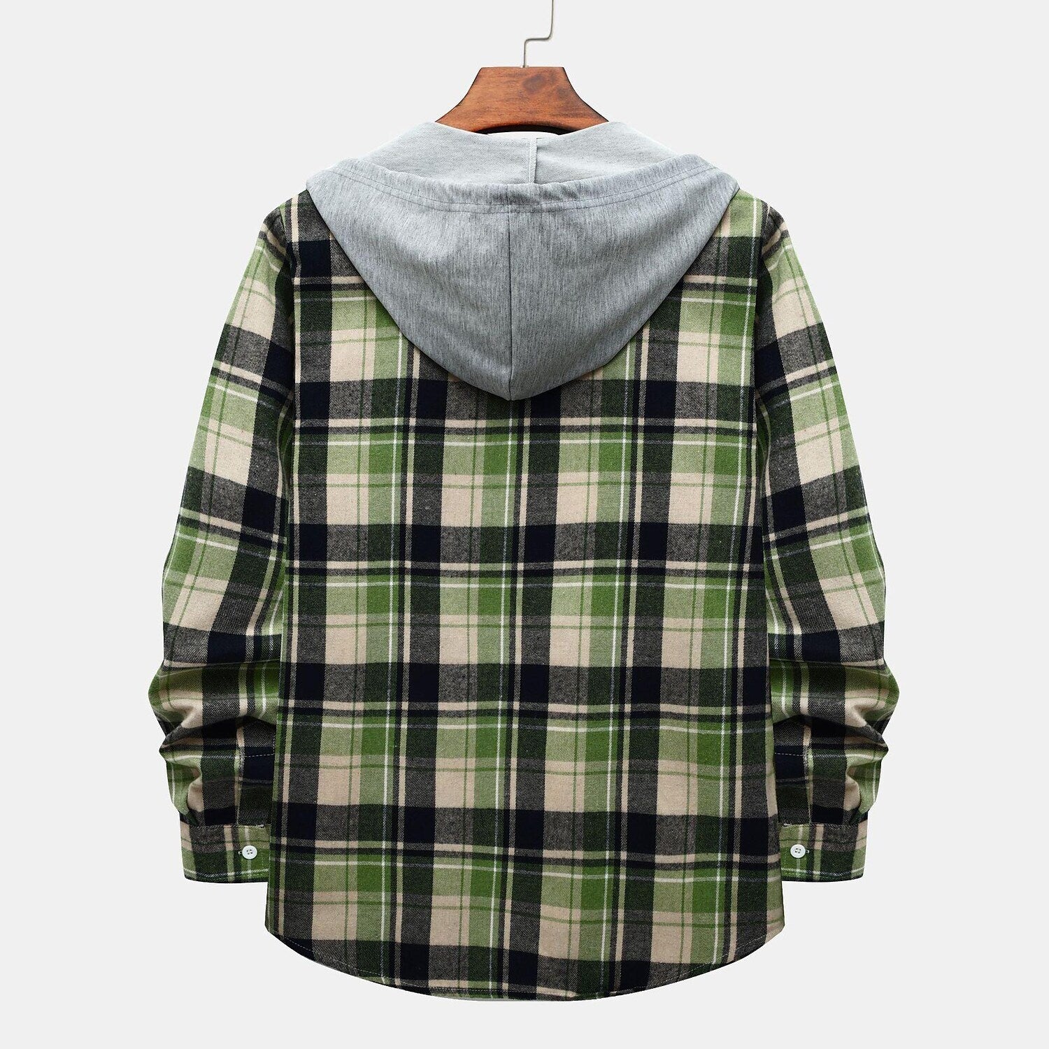 Men's Long Sleeve Flannel Brushed Check Hooded Casual Shirt Green Khaki