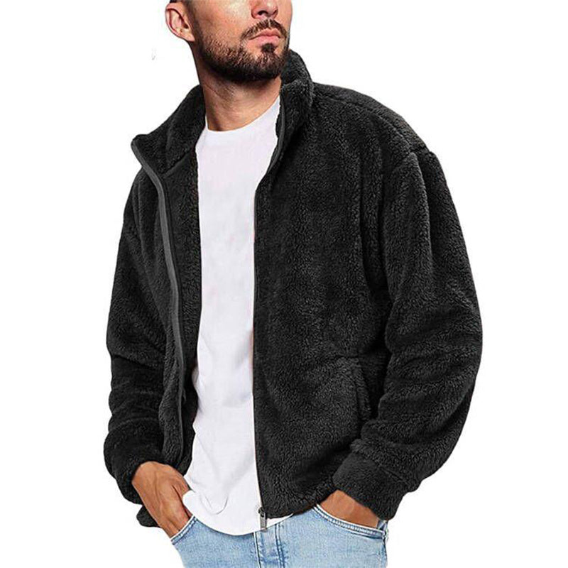 Men's Stand Collar Solid Color Fleece Zip-Up Sweatshirt