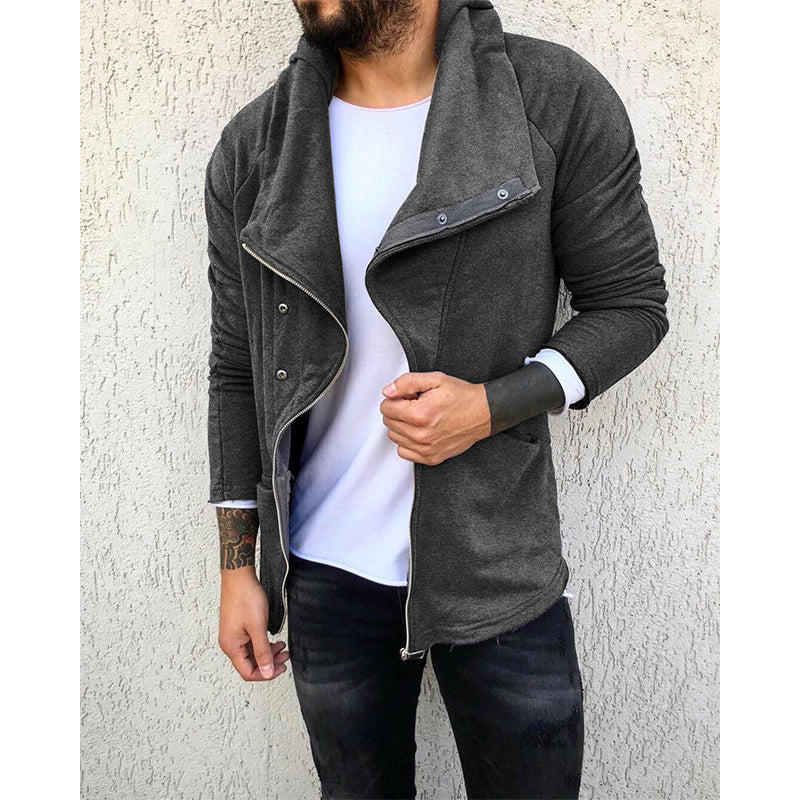Men's Solid Color Hooded Slim Fit Fleece Diagonal Placket Sweatshirt