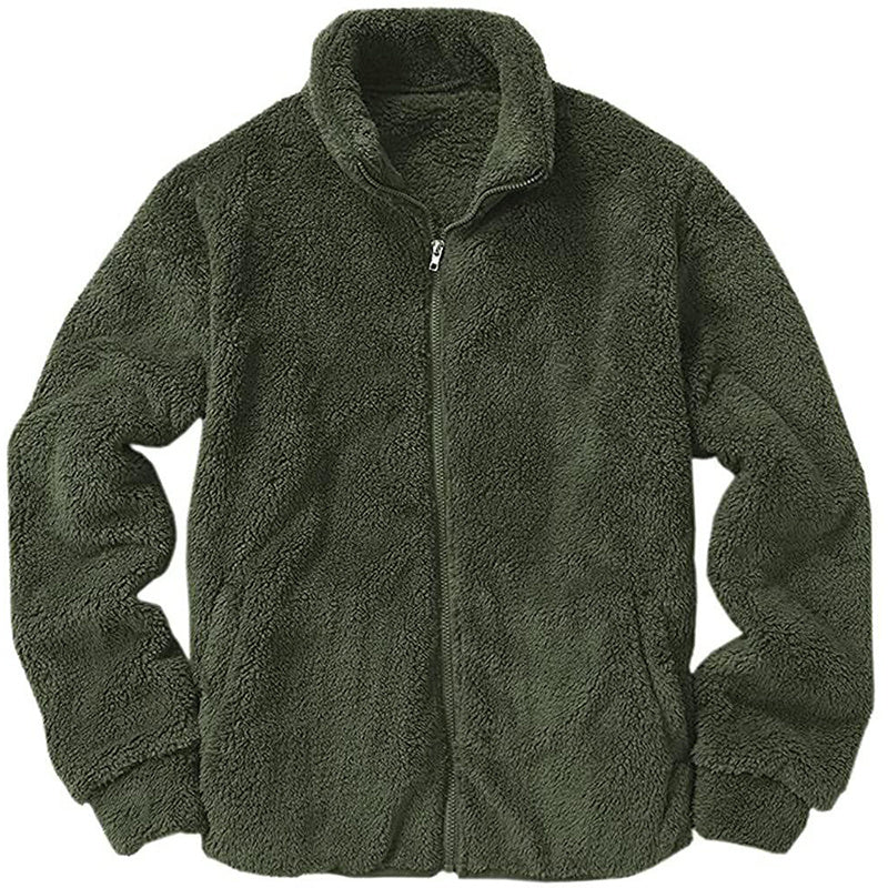 Men's Stand Collar Solid Color Fleece Zip-Up Sweatshirt
