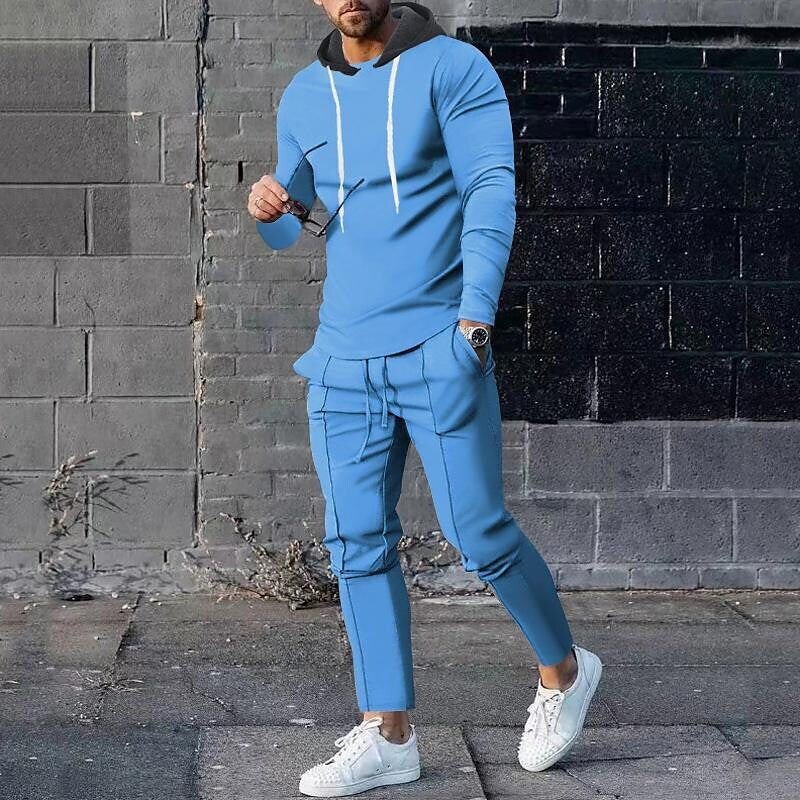Men's Contrast Hoodied Trendy Pullover Two-piece Suits