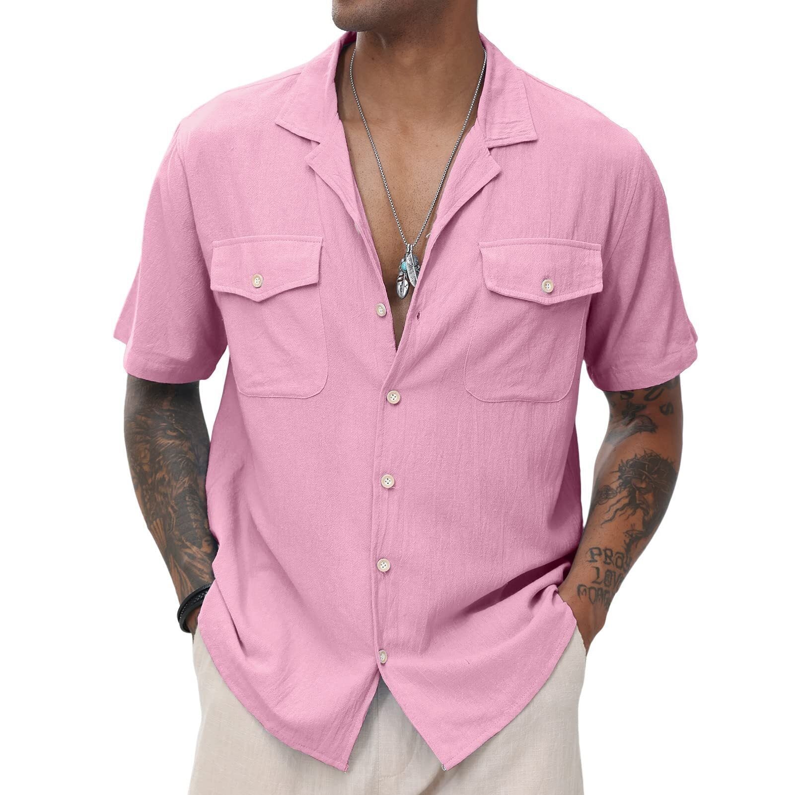 Men's Cuban  Linen Shirts Casual Short Sleeve Button Down Shirts Summer Beach Top with Pocket