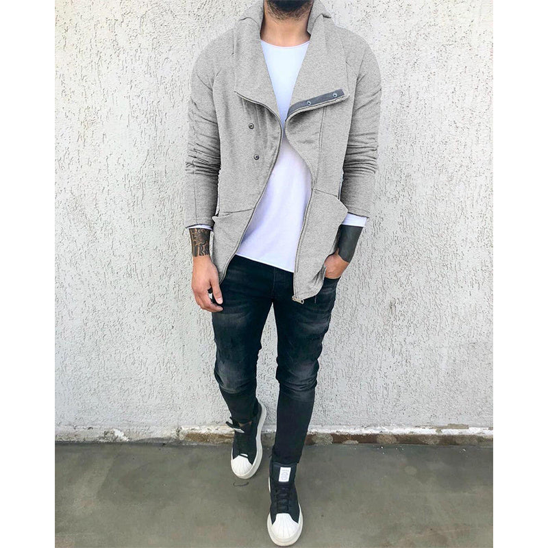 Men's Solid Color Hooded Slim Fit Fleece Diagonal Placket Sweatshirt
