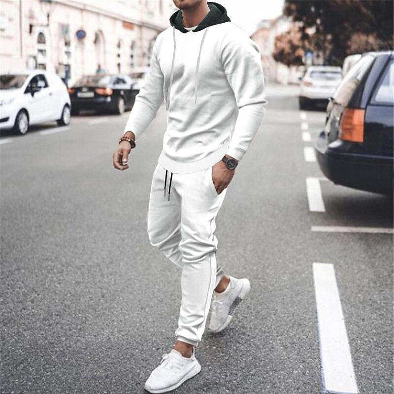 Men's Contrast Hoodied Trendy Pullover Tracksuit