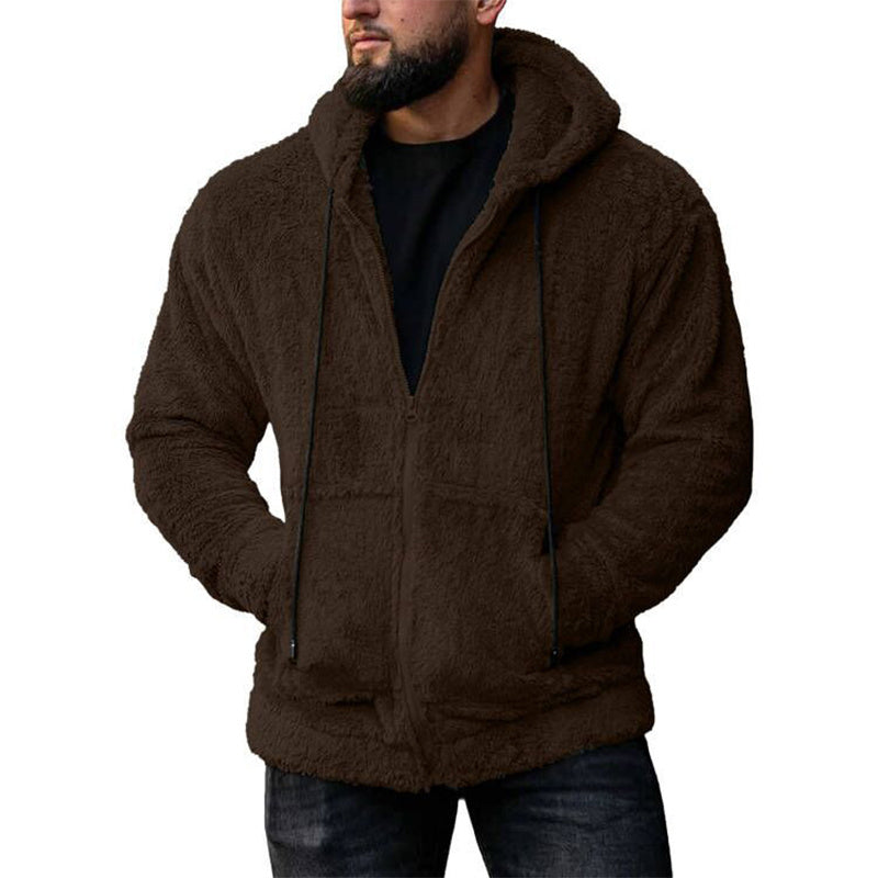 Men's Solid Color Fleece Zip-Up Drawstring Hoodie Sweatshirt