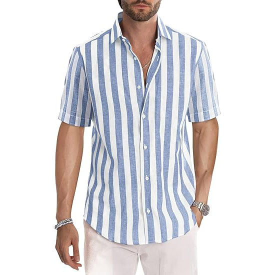 Casual Short Sleeve Button-Up Striped Cotton Shirts
