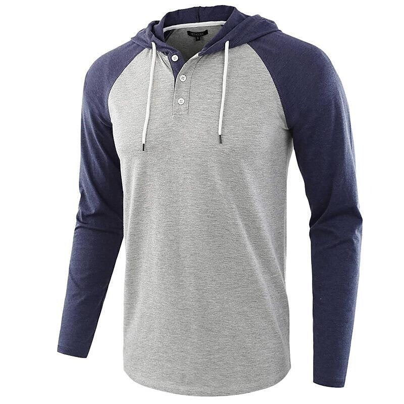 Men's Color Block Raglan Sleeves Drawstring Hoodie T-shirt
