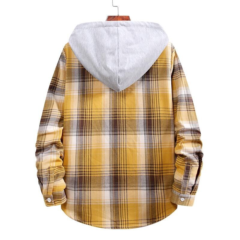Men's Long Sleeve Check Hooded Casual Shirt Yellow Navy Blue Gray