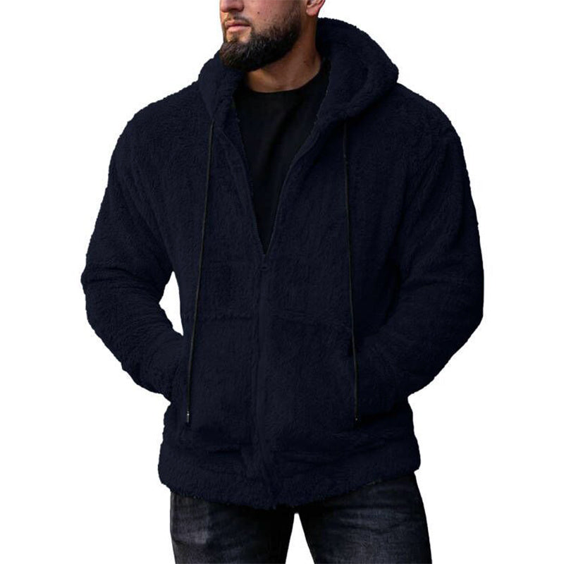 Men's Solid Color Fleece Zip-Up Drawstring Hoodie Sweatshirt