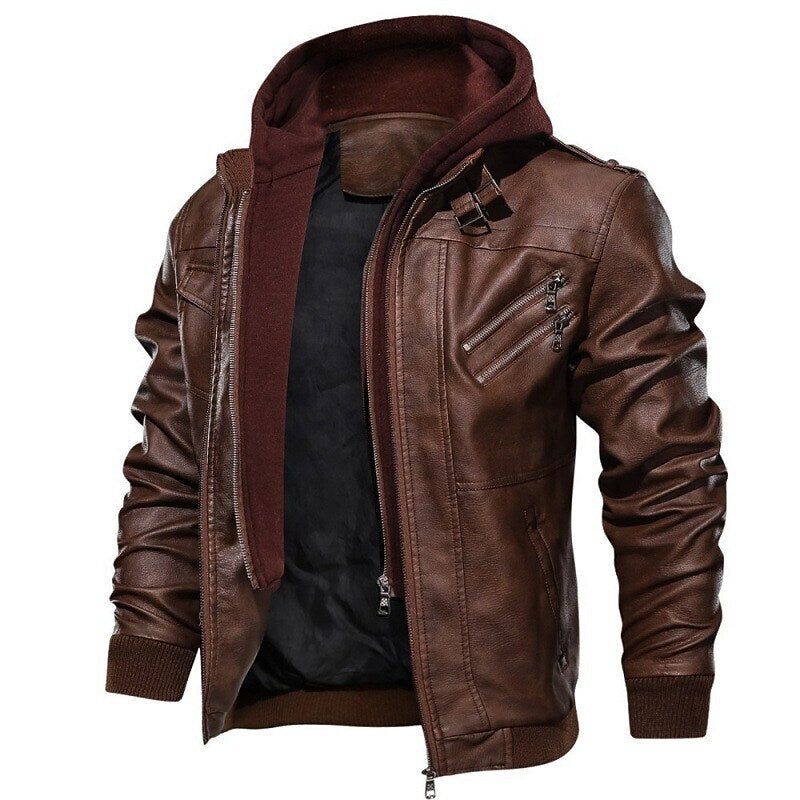 Men's Faux Leather Outdoor Waterproof Solid Color Fake Two Piece Hooded Jacket