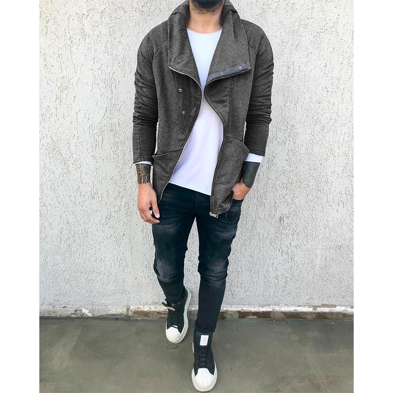 Men's Solid Color Hooded Slim Fit Fleece Diagonal Placket Sweatshirt