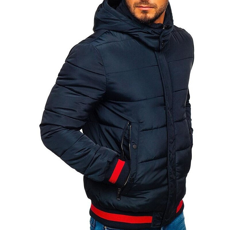 Men's Solid Color Outdoor Windproof Hooded Puffer Jacket