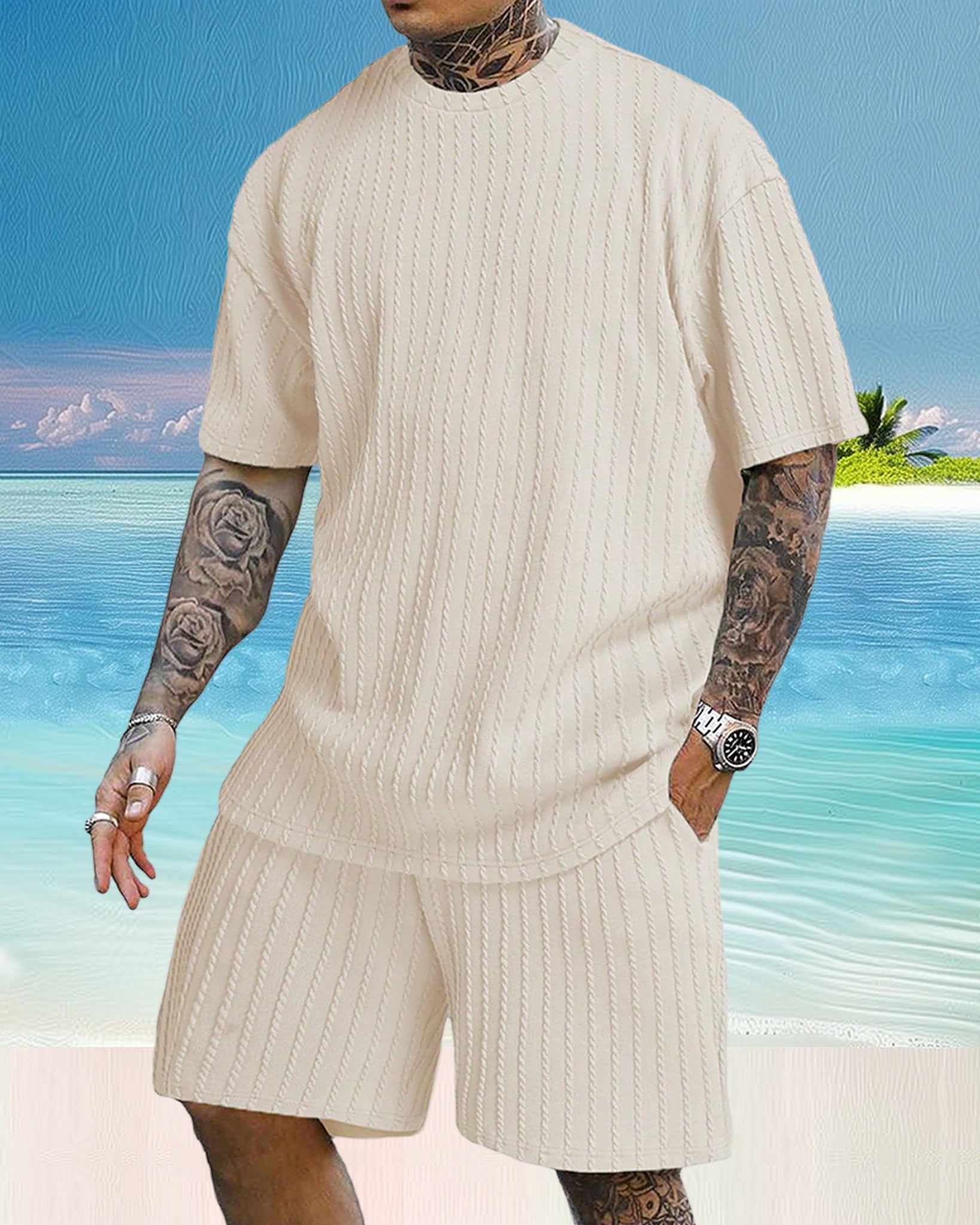 Men's Casual Textured Printed Short Sleeve Tee & Drawstring Waist Shorts Set
