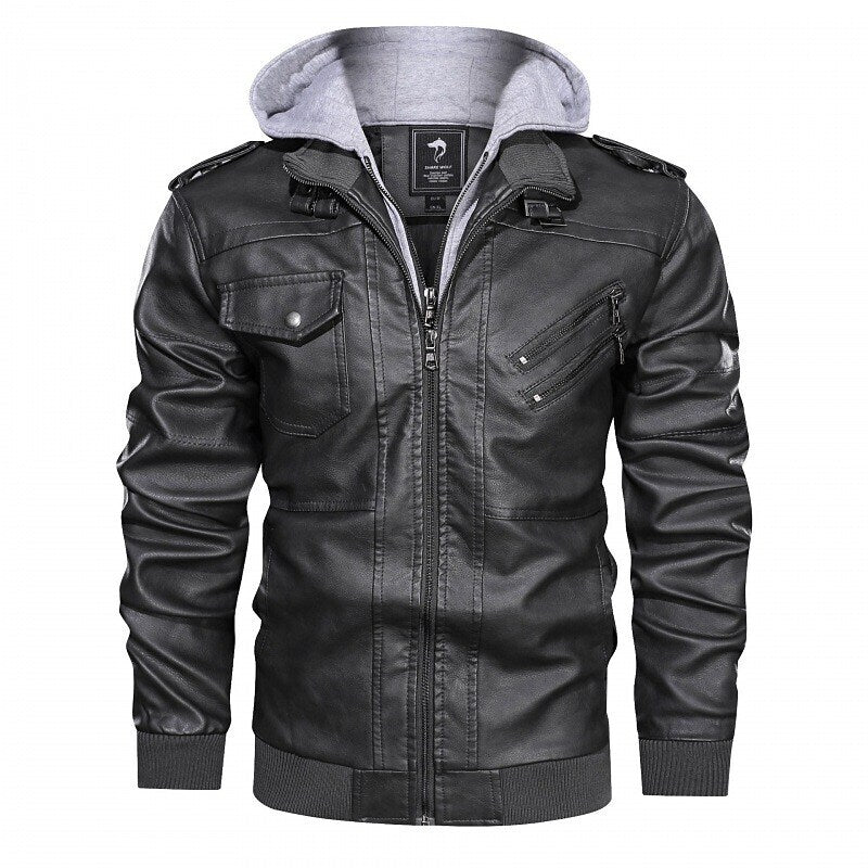 Men's Faux Leather Outdoor Waterproof Solid Color Fake Two Piece Hooded Jacket