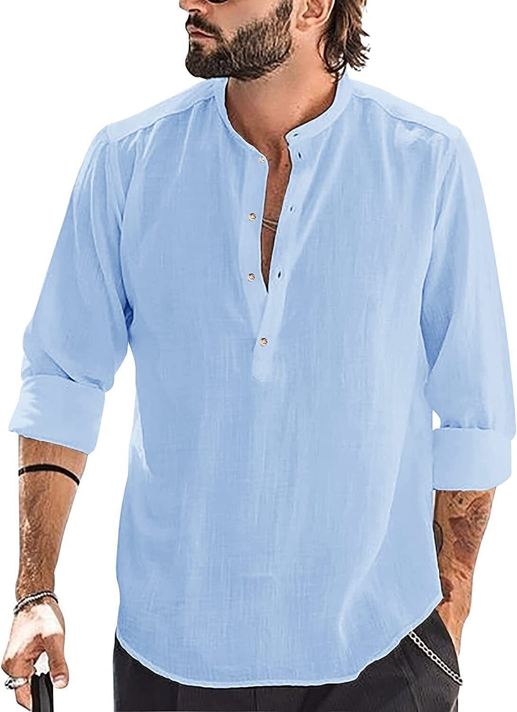 6-Pack Mens Linen Henley Shirt Casual Long Sleeve T-Shirt Summer Beach Plain Tee Tops💖Buy two packs for free shipping💖