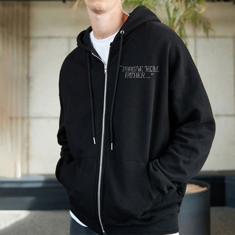 100% Cotton Forgive Them,Father Bible Verses Printed Zip Hoodie