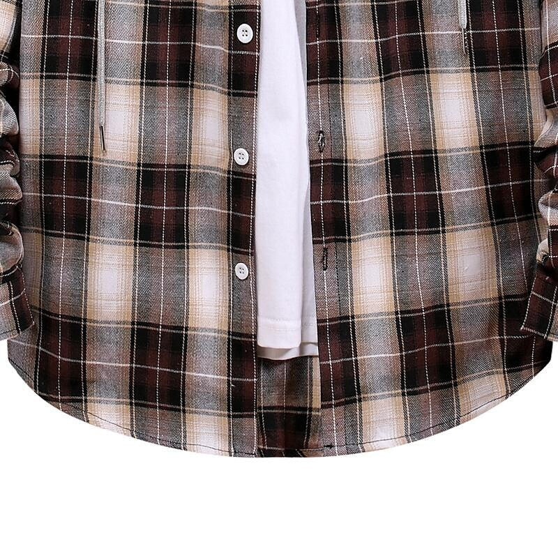 Men's Long Sleeve Flannel Brushed Check Hooded Casual Shirt Blue Brown