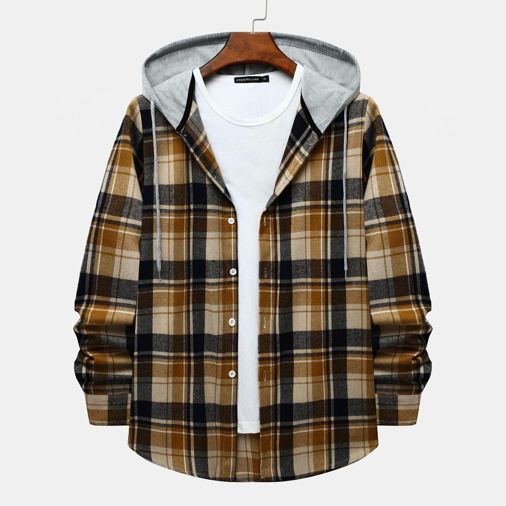 Men's Long Sleeve Flannel Brushed Check Hooded Casual Shirt Green Khaki