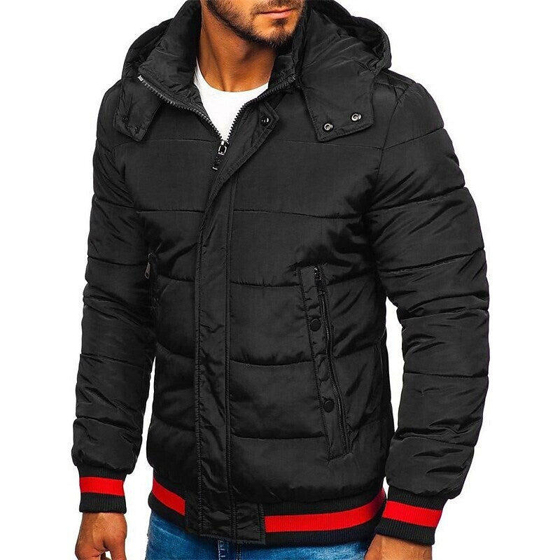 Men's Solid Color Outdoor Windproof Hooded Puffer Jacket