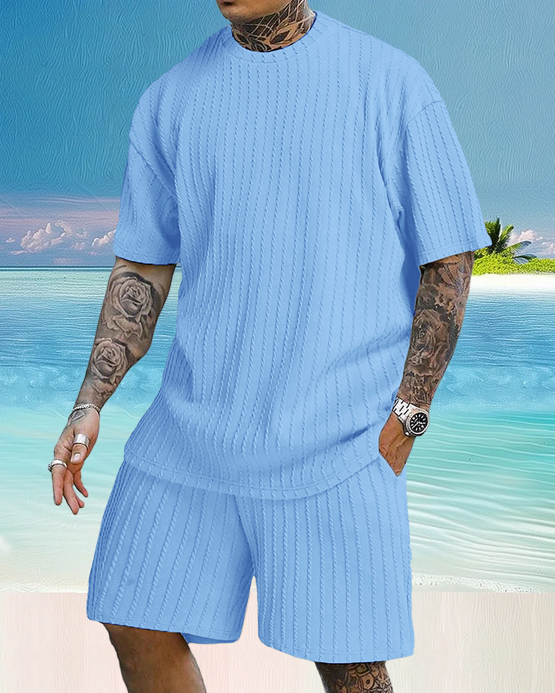 Men's Casual Textured Printed Short Sleeve Tee & Drawstring Waist Shorts Set