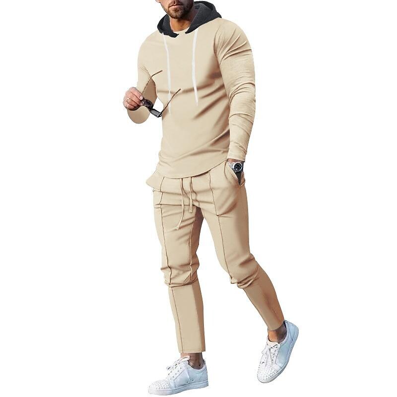 Men's Contrast Hoodied Trendy Pullover Two-piece Suits