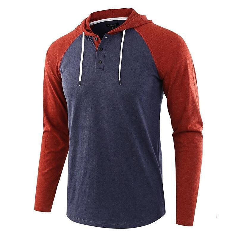 Men's Color Block Raglan Sleeves Drawstring Hoodie T-shirt