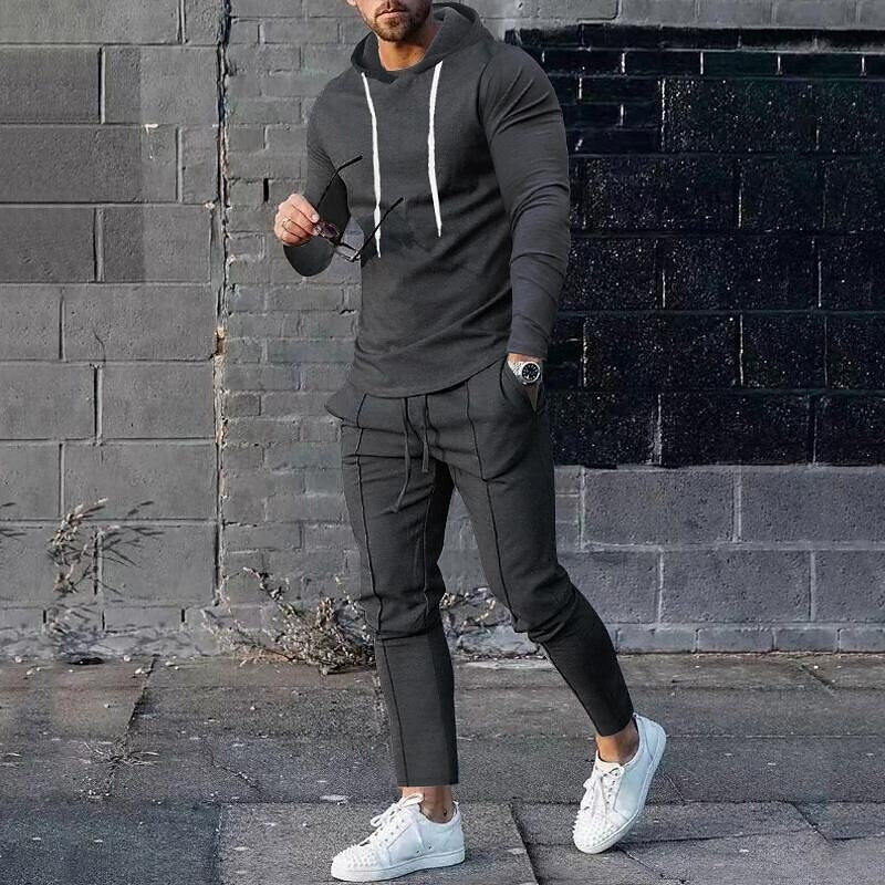 Men's Contrast Hoodied Trendy Pullover Two-piece Suits