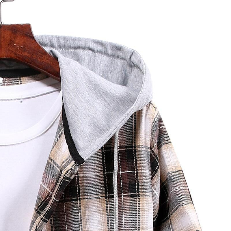 Men's Long Sleeve Flannel Brushed Check Hooded Casual Shirt Blue Brown