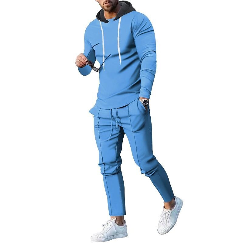 Men's Contrast Hoodied Trendy Pullover Two-piece Suits