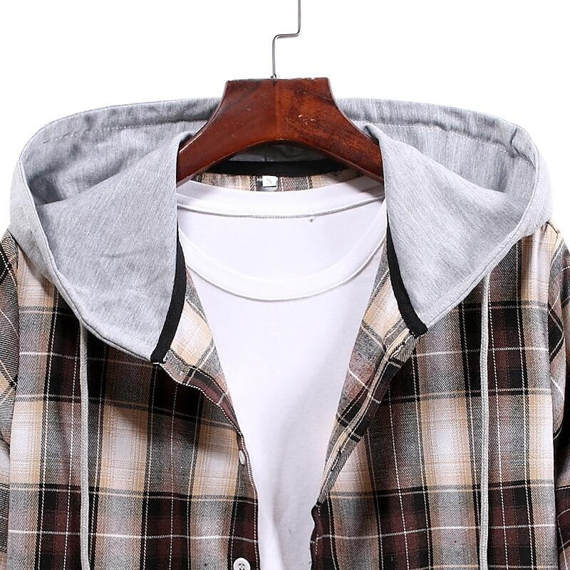 Men's Long Sleeve Flannel Brushed Check Hooded Casual Shirt Blue Brown